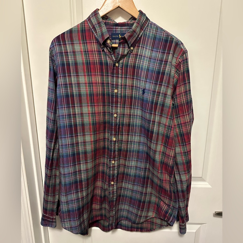 Ralph Lauren Men's Red and Blue Plaid Shirt